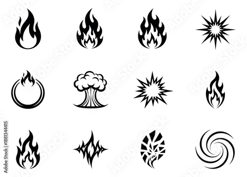 Abstract graphic icon set featuring flames, explosions, and dynamic symbols for various designs