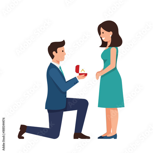 Man kneeling and proposing marriage to a woman with a ring box illustration