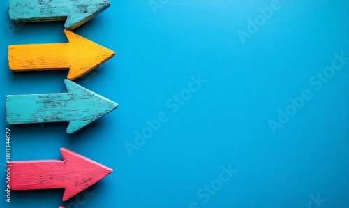 Colorful arrows pointing in different directions on a blue background, representing multiple marketing integration and the power of digital platforms for e-commerce growth, Generative AI