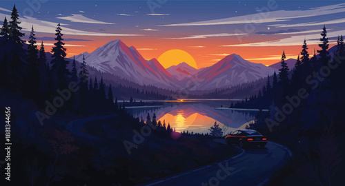Twilight alpine lake panorama, travel poster background. Dusk wilderness reservoir artwork, tourism banner template. Evening peaks reflection waterscape, website hero header