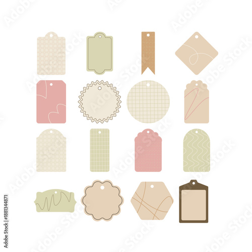 Minimalist decorative price tags and vintage-style hanging labels. Elegant paper-cut elements for boutique branding, gift packaging, and creative product labeling projects.
