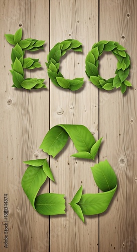 Wallpaper Mural Natural green foliage forms the word 'eco' and a recycling symbol upon a wooden background Torontodigital.ca