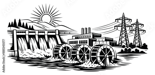 Line art illustration of a hydroelectric power plant depicting renewable energy production for industrial sustainability