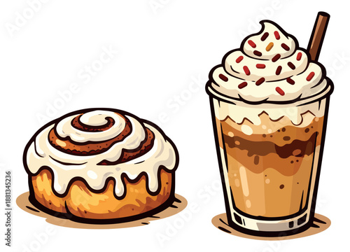 Hand drawn line art coffee shop treats set featuring a cinnamon roll and an iced coffee for a cafe menu design