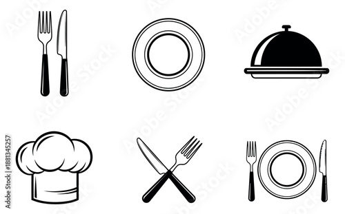 Line art kitchen and dining icons set featuring fork, knife, plate, chef hat, and serving cloche for restaurant menus and food service branding