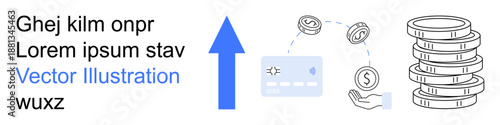 Financial planning, money management, payment processing, savings growth, currency exchange, economic investment. Credit card, coins upward arrow financial goals. Savings and financial planning