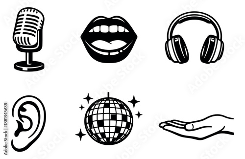 Outline graphic set featuring sound, party, and body elements for communication, entertainment, and sensory design