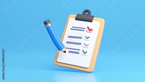 Checklist with Pencil and Checkmarks on Blue Background.
