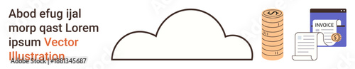 Cloud storage, financial transactions, invoicing, business services, data management, bookkeeping. A cloud icon with coins, an invoice and documents. Cloud storage and financial transactions concept