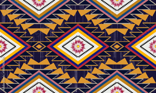 Seamless tribal geometric pattern with diamond shapes, bold zigzags, and warm mustard, navy, and red tones, ideal for boho textiles, wallpaper, fabric prints, and ethnic decor.