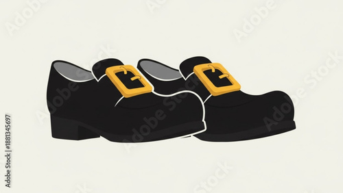 Three black shoes with yellow buckles on a plain background side view