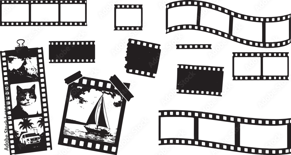 Fototapeta premium Black and White Film Strip Frames Set with Curved and Straight Movie Reel Photo Borders Vector