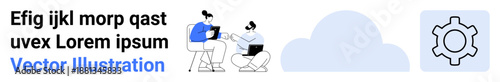 Two people discussing project tasks using digital devices, with cloud and gear icon elements. Ideal for teamwork, technology, digital storage, collaboration, communication, productivity, simple