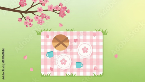Pink picnic blanket with food and drinks under blooming cherry blossom tree in spring