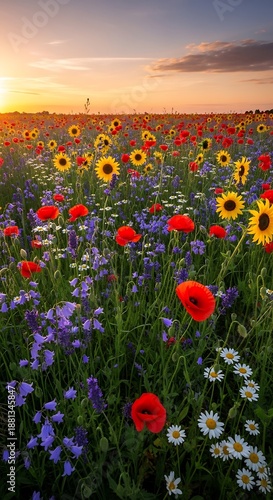 Vibrant mixed wildflowers flourish across an expansive field during a warm sunset