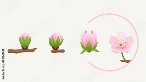 Pink flower growth stages illustration blooming process from bud to full blossom with green leaves and brown stems on white background