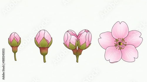 Pink cherry blossom flower and buds in various stages of bloom on white background