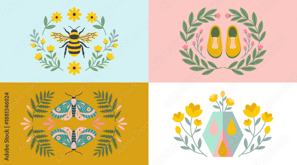 Obraz premium Quadruple decorative vector icons set featuring a bee with sunflowers, a laurel-wreathed shoe emblem, an ornate butterfly motif, and a pastel geometric floral composition.