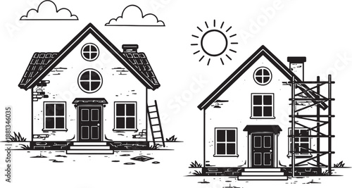 House Renovation Before and After Comparison with Scaffolding, Ladder, Sun and Clouds Vector