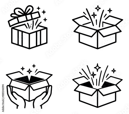Line art gift box set featuring open boxes, sparkling effects, and hands for unboxing and celebrations