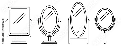Line art mirror set featuring vanity, standing, and handheld mirrors for beauty and home decor