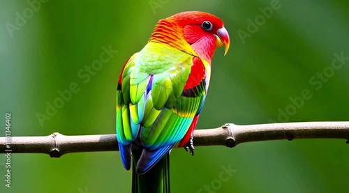 Vibrant Rainbow Lorikeet Perched – Colorful Tropical Parrot with Red Head & Multicolored Feathers on Branch
