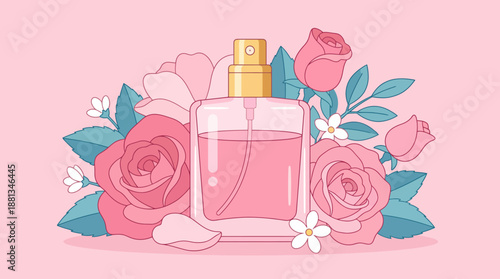 Floral pink perfume bottle surrounded by roses on a soft pink background, feminine fragrance illustration for beauty branding and perfume advertising