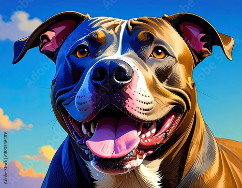 Portrait of a smiling dog with brown and white fur, set against a vibrant blue sky. Golden eyes shine