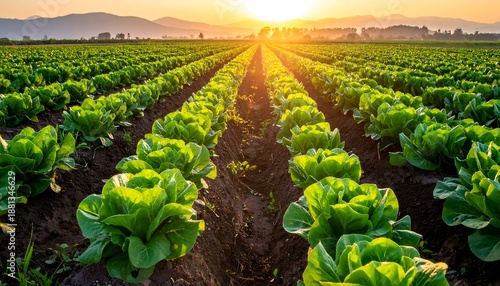Rows of fresh lettuce growing in a field at sunrise, organic agriculture.