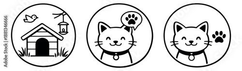 Line art pet care icons set featuring a dog house, happy cats, and paw prints for veterinary and animal services
