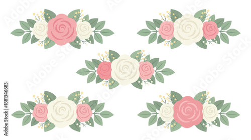 Five decorative bouquets featuring pink and white roses with green foliage, ideal for floral patterns, wedding decor, and elegant invitations.