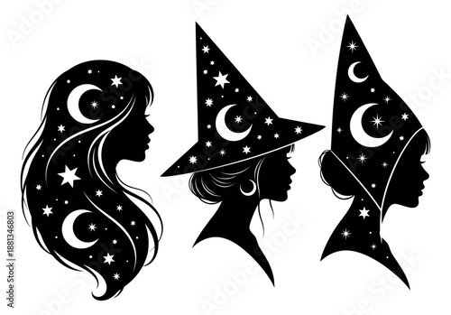 Decorative silhouette women profiles set featuring celestial stars and moons, a witch hat, and flowing hair for mystical and magical designs
