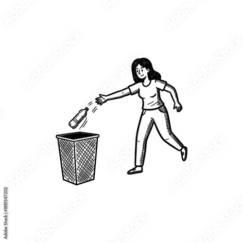 Woman throwing plastic bottle into trash bin, recycling and waste management concept, hand drawn black and white sketch illustration isolated on white background, copy space