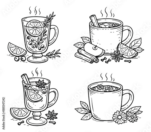 Hand drawn line art hot drinks set featuring mulled wine, spiced tea, and herbal infusions for winter menus and holiday designs