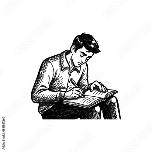 Young man writing in notebook, black and white hand drawn illustration with copy space on white background