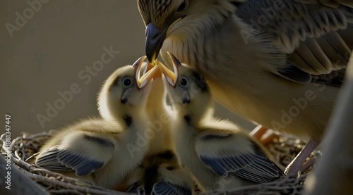 Tender Mother Bird Feeding Chicks – Sparrow with Open-Beak Nestlings in Cozy Nest Close-Up