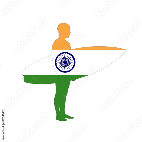 Surfer silhouette superimposed with the national flag of india featuring saffron white green stripes and the ashoka chakra symbol
