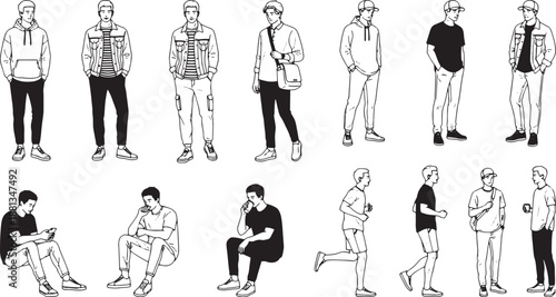 Male Casual People Characters Vector Set in Various Standing Sitting Walking Poses Line Illustration