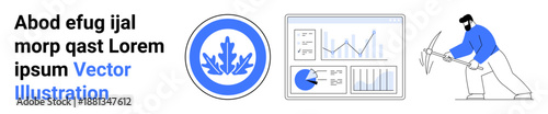 Data charts, analytics dashboard, badge or logo design, and industrial worker using pickaxe. Ideal for data analysis, industry, mining, dashboard UI, business reports technology simple landing page