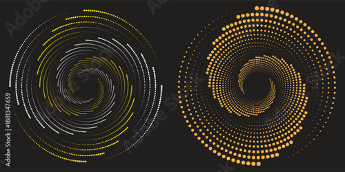Swirl pattern with dots. Half ton circle on black background. Abstract background with dotted circles. Vector illustration.
