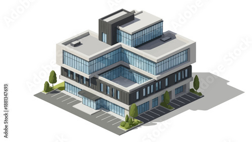 Modern isometric 3D illustration of a contemporary corporate office building. Sleek architecture with glass facades, ideal for urban development and real estate