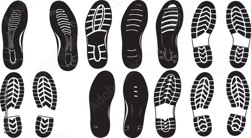 Trails of various human footprints. Vector isolated lines of male and female footwear steps. Human foot mark silhouettes. Women and men shoes tracks. and boot footsteps, vector illustration
