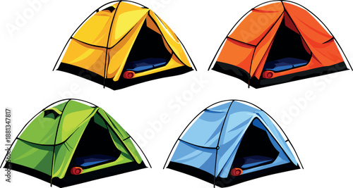 Colorful Camping Tent Set Vector Illustration in Yellow Orange Green and Blue for Outdoor Travel Use
