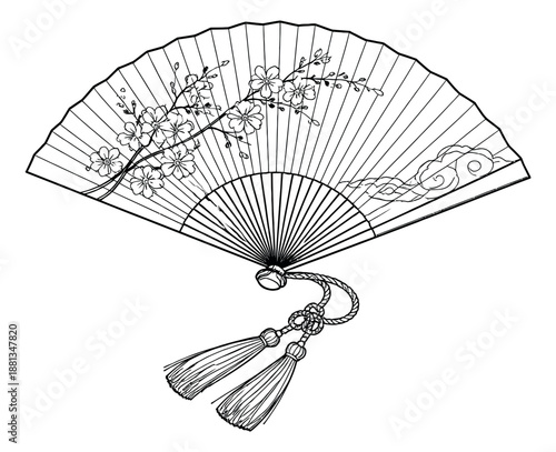 Hand drawn line art illustration of a Japanese folding fan depicting cherry blossoms, traditional clouds, and tassels for Asian culture and elegance