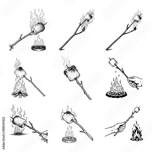 Hand-drawn marshmallow roasting campfire vector set