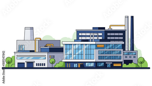 Clean flat design illustration of a contemporary industrial factory complex, highlighting modern manufacturing buildings, production facilities, and advanced infrastructure