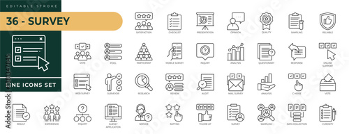 A collection of Survey icons set with editable stroke, including vote, pool, participant, mobile survey, inquiry, result, ratting, sampling, chooise, analysis, opinion. Thin linear vector illustration