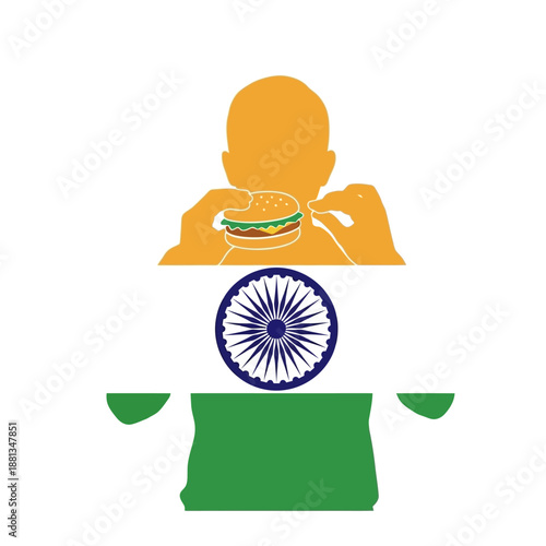 Indian cultural shift illustrated by silhouette consuming fast food hamburger juxtaposed with the national flag chakra design elements.