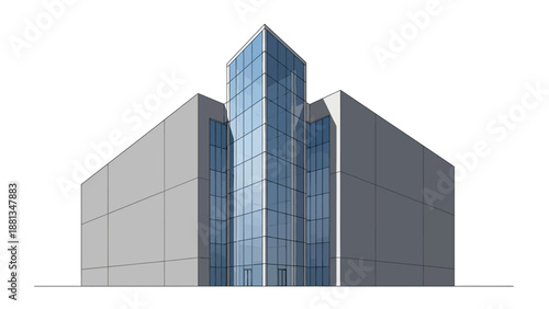 Minimalist 3D architectural rendering of a sleek modern office building with a prominent glass facade, designed for urban corporate environments and contemporary cityscapes