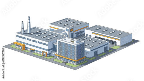Modern isometric factory complex illustration with manufacturing units and administrative office, ideal for business and industrial infrastructure visuals